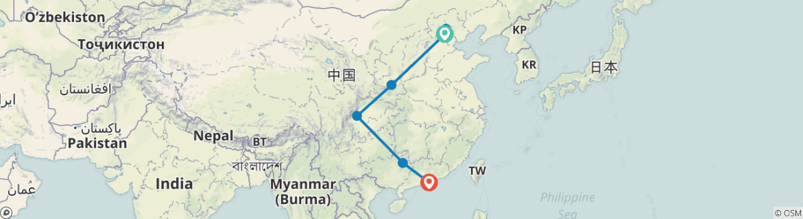 Image of a map showing the route of the tour