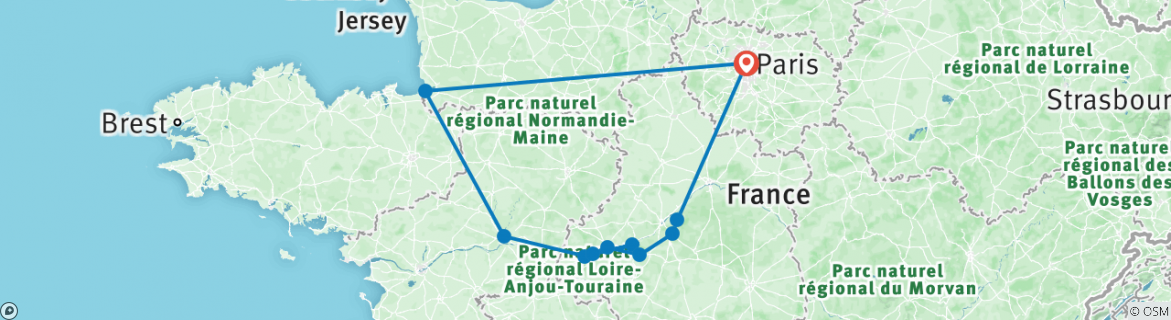 Image of a map showing the route of the tour
