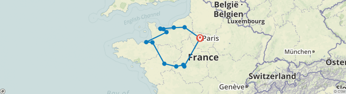 Image of a map showing the route of the tour