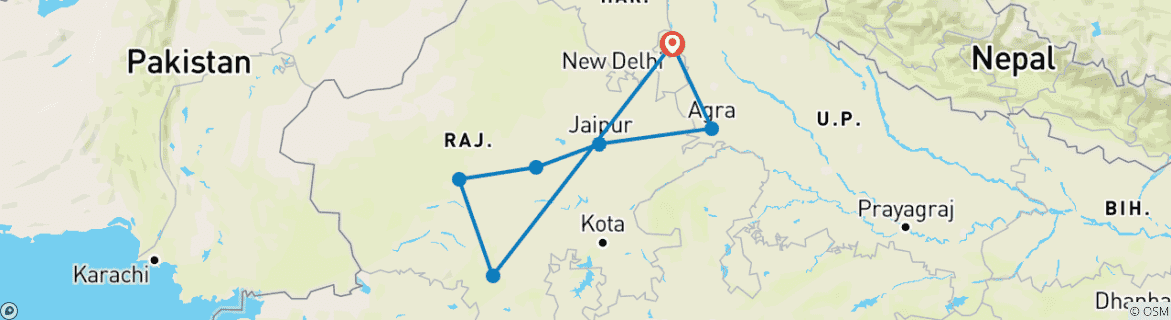 Image of a map showing the route of the tour