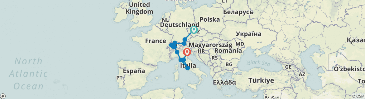 Image of a map showing the route of the tour