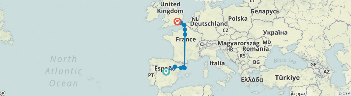 Image of a map showing the route of the tour