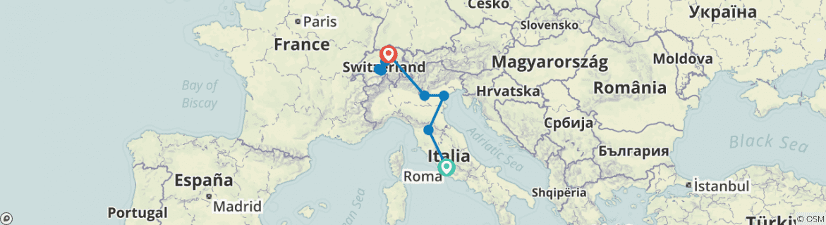 Image of a map showing the route of the tour