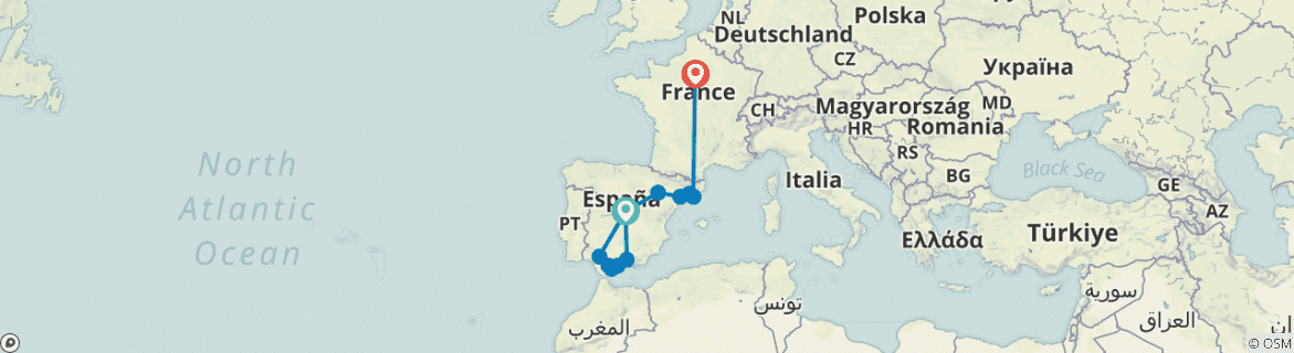 Image of a map showing the route of the tour
