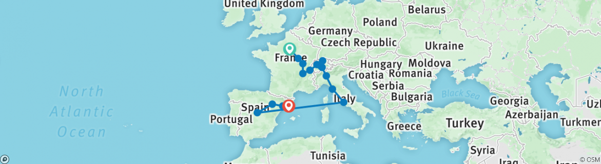 Image of a map showing the route of the tour