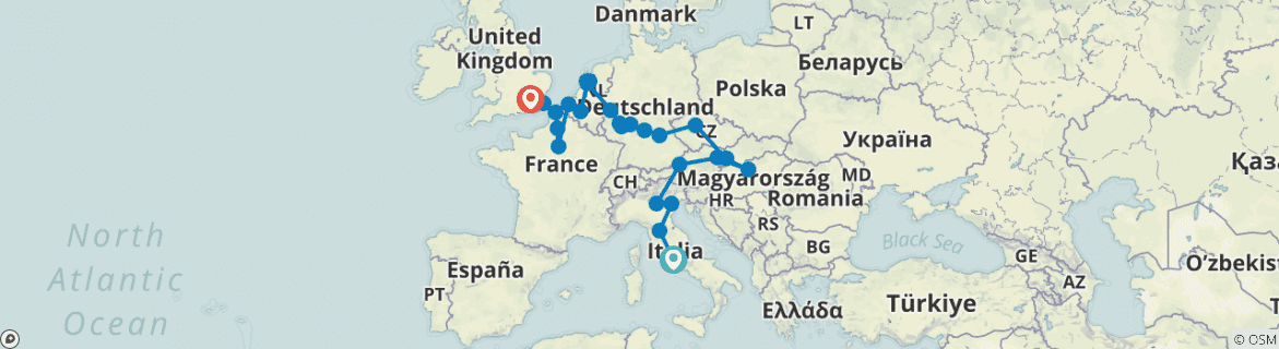Image of a map showing the route of the tour