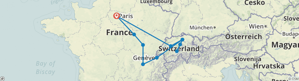 Image of a map showing the route of the tour