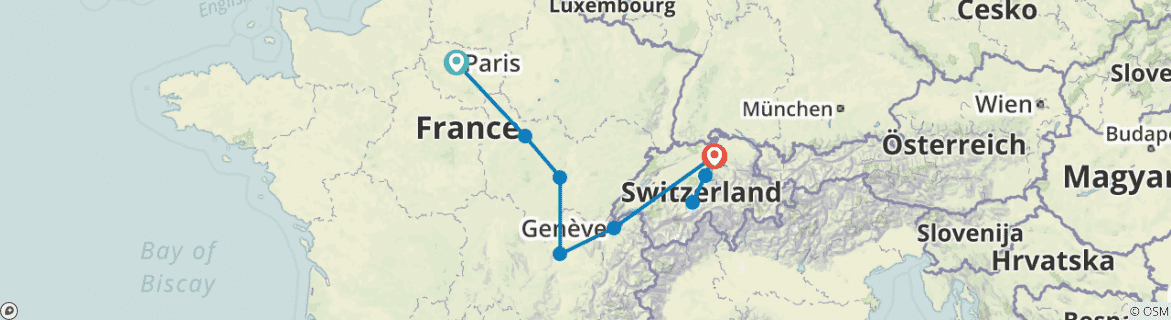Image of a map showing the route of the tour