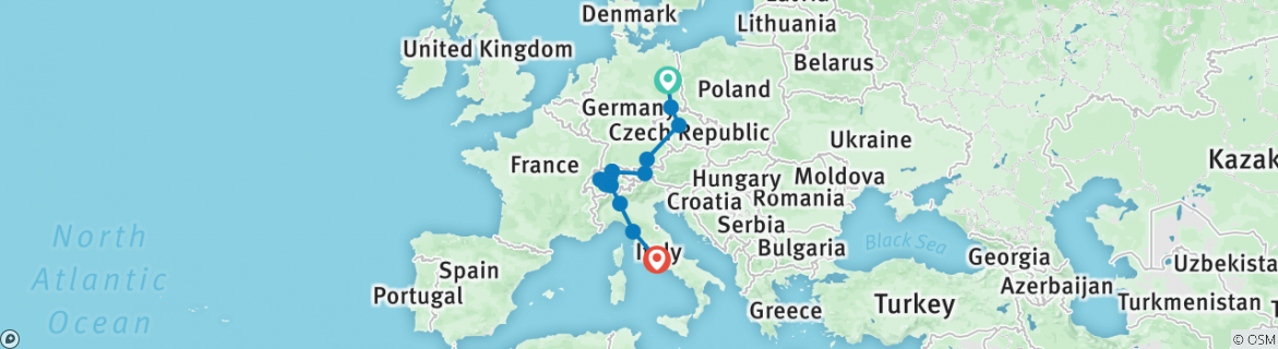 Image of a map showing the route of the tour