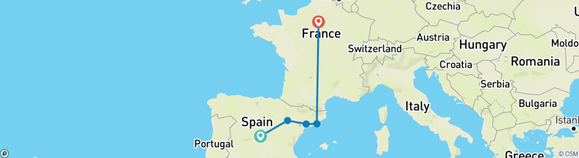 Mapa de De Madrid a París (7 destinos)