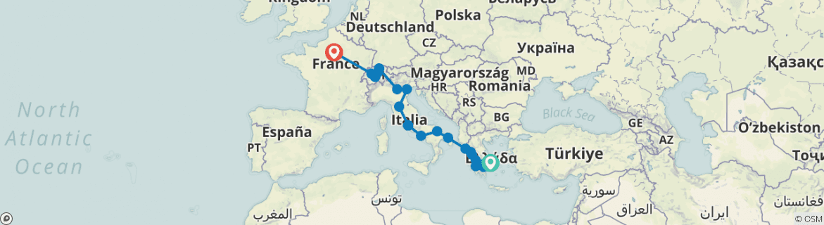 Image of a map showing the route of the tour