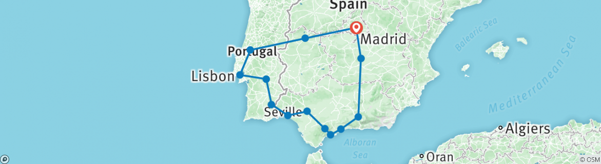 Image of a map showing the route of the tour