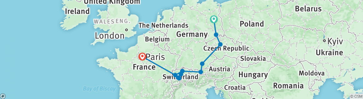 Image of a map showing the route of the tour
