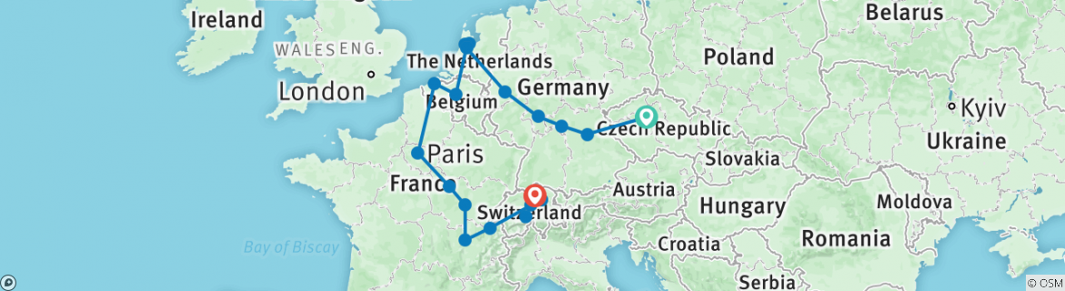 Image of a map showing the route of the tour