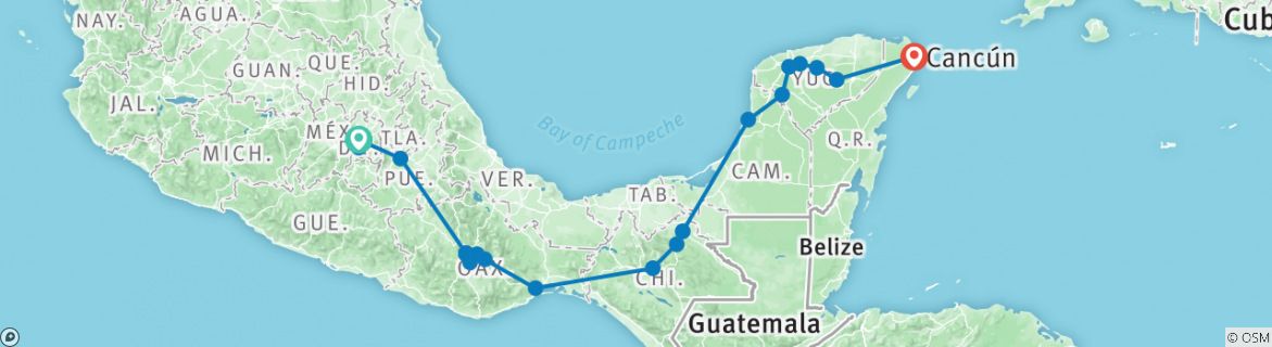 Image of a map showing the route of the tour