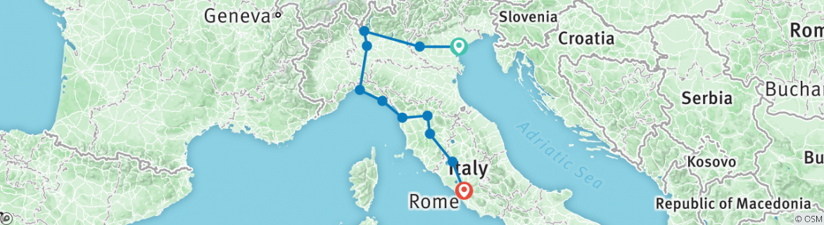 Image of a map showing the route of the tour