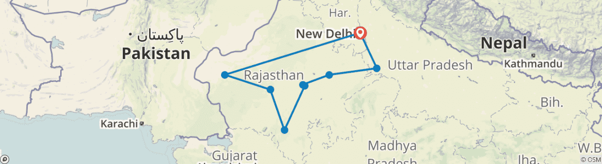 Image of a map showing the route of the tour