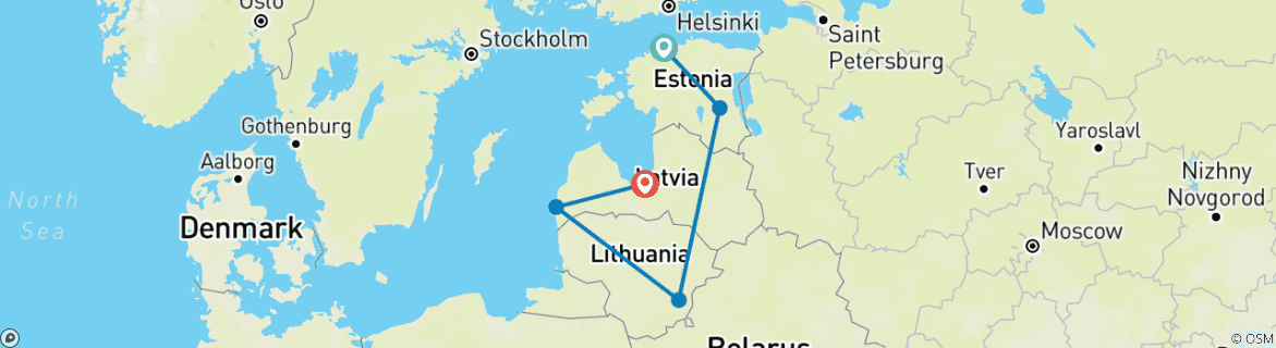 Image of a map showing the route of the tour