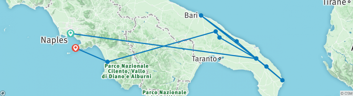 Image of a map showing the route of the tour