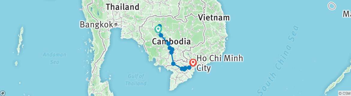 Image of a map showing the route of the tour