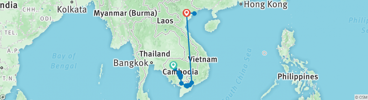 Image of a map showing the route of the tour