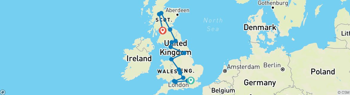 Image of a map showing the route of the tour