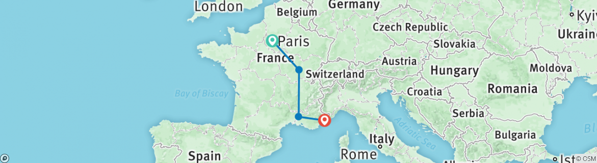 Image of a map showing the route of the tour