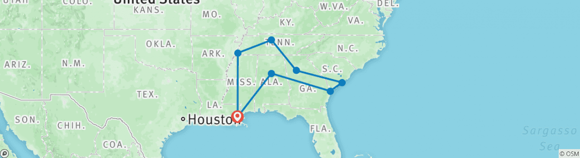 Image of a map showing the route of the tour