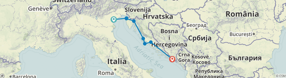 Image of a map showing the route of the tour