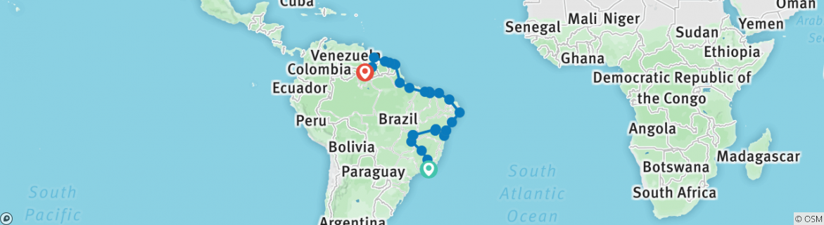 Image of a map showing the route of the tour