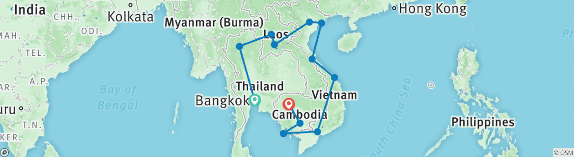 Image of a map showing the route of the tour