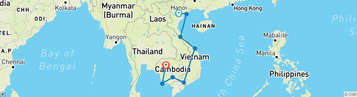 Image of a map showing the route of the tour