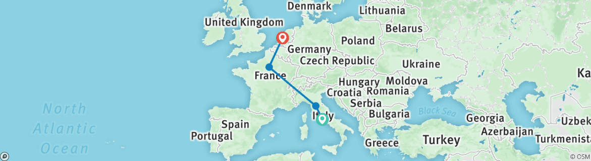 Image of a map showing the route of the tour