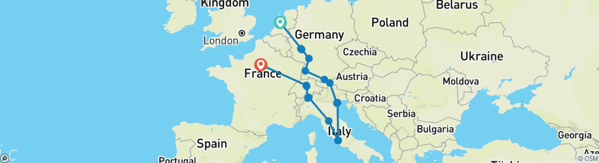 Image of a map showing the route of the tour
