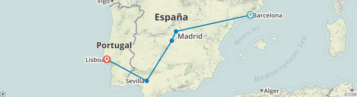 Image of a map showing the route of the tour
