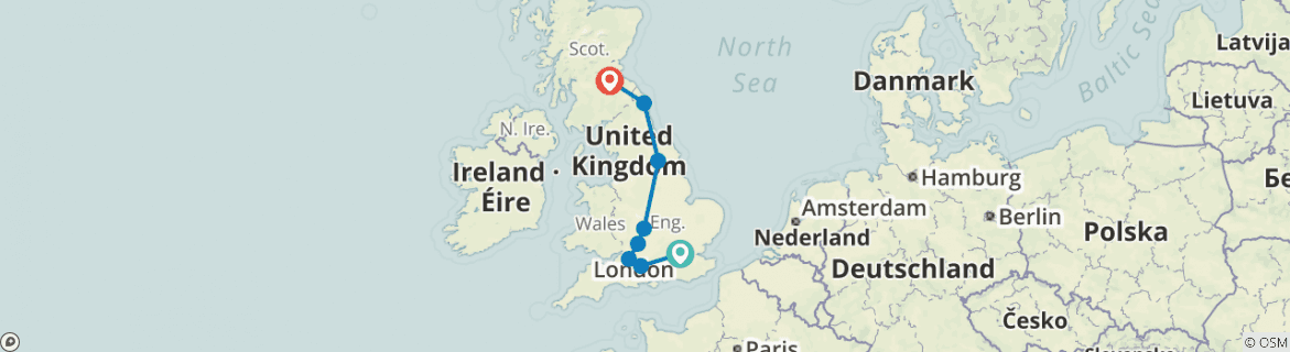 Image of a map showing the route of the tour