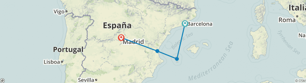 Image of a map showing the route of the tour