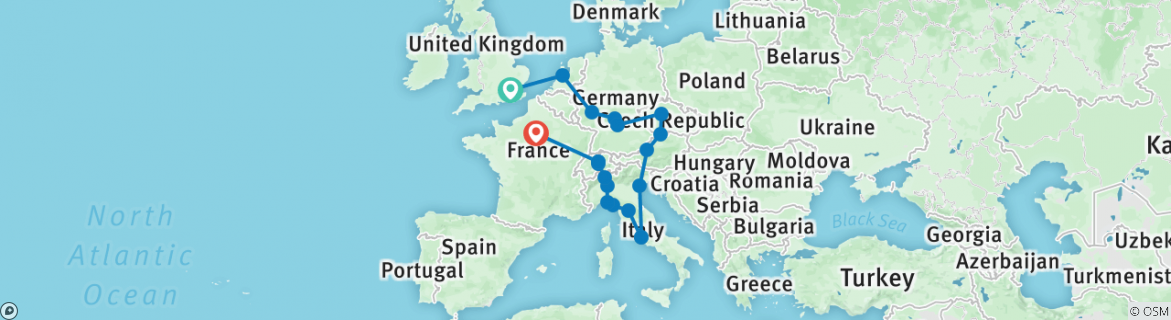 Image of a map showing the route of the tour