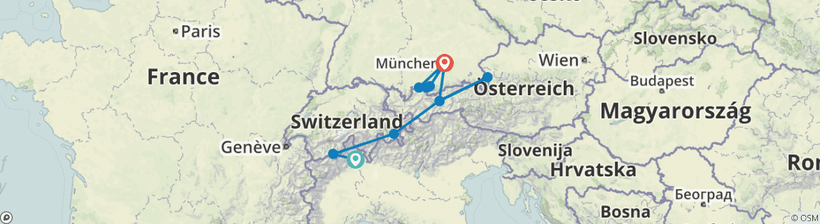 Image of a map showing the route of the tour