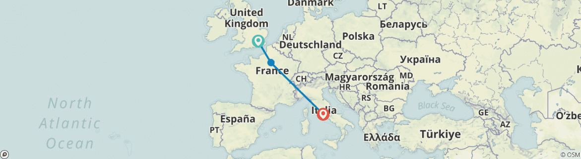 Image of a map showing the route of the tour
