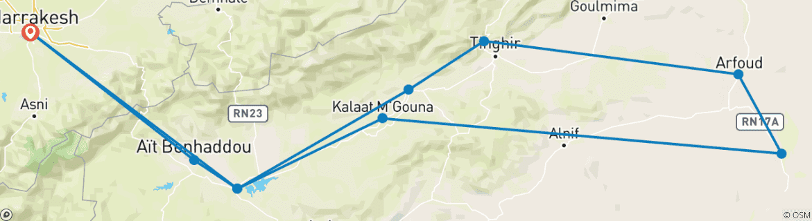 Image of a map showing the route of the tour