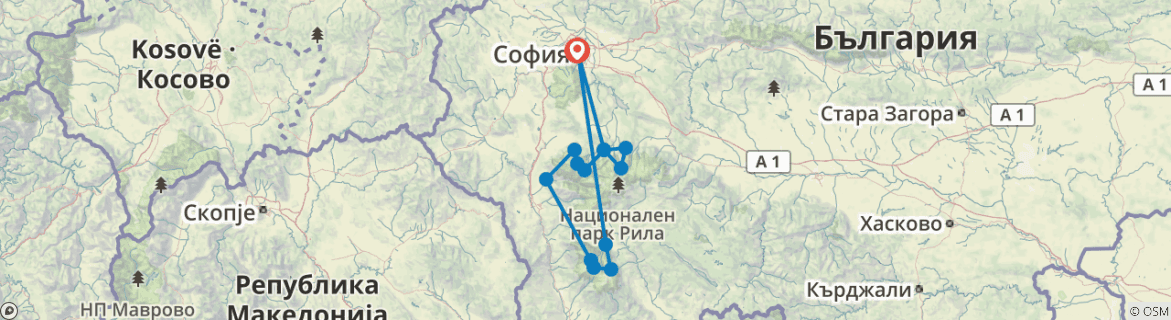 Image of a map showing the route of the tour