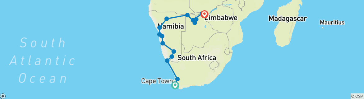 Image of a map showing the route of the tour
