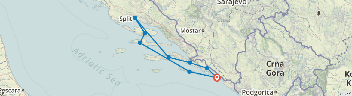 Image of a map showing the route of the tour