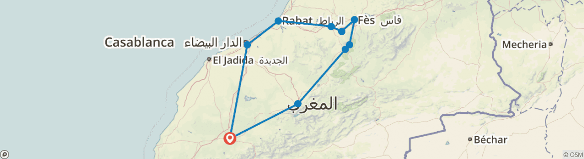 Image of a map showing the route of the tour