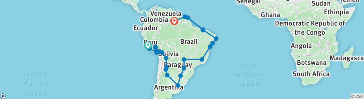 Image of a map showing the route of the tour
