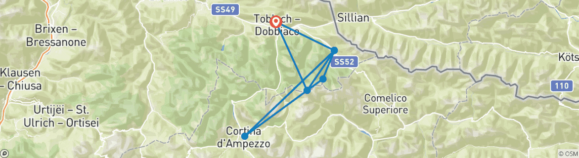 Image of a map showing the route of the tour