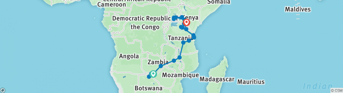 Image of a map showing the route of the tour