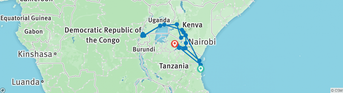 Image of a map showing the route of the tour