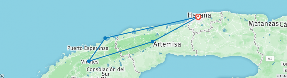 Image of a map showing the route of the tour